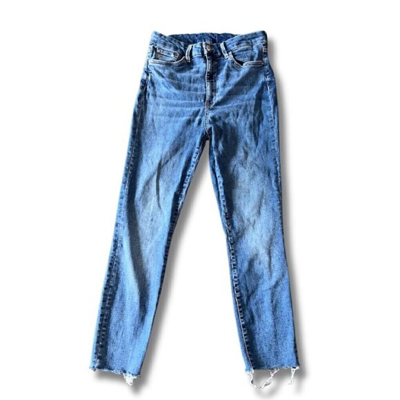 Blue Distressed Raw Hem Skinny Jeans Medium Wash 29 Super Skinny High Waist - Picture 1 of 13